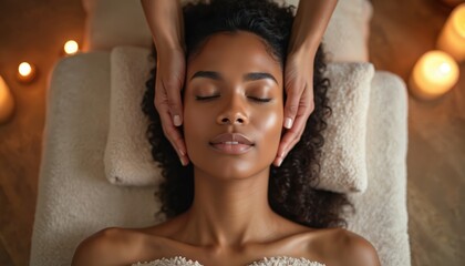 Young woman receiving face massage in spa. Soft light. Candles create calm atmosphere. Female gets beauty treatment at wellness center. Hands touch skin. Girl enjoys beauty therapy session.