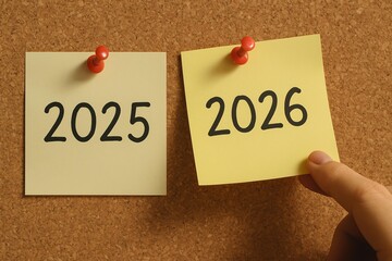 Seamless Transition from 2025 to 2026: Conceptual New Year Change on Corkboard