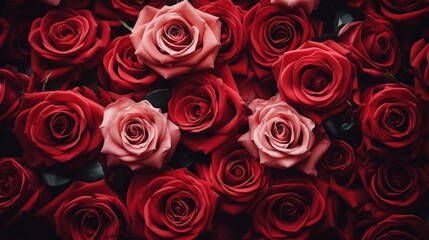 A vibrant arrangement of red and pink roses, showcasing delicate petals and lush green leaves, perfect for conveying love and beauty.