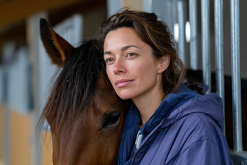 Fototapeta premium In a tranquil barn setting, a woman leans against a horse, illustrating the deep connection and trust between humans and these majestic animals.