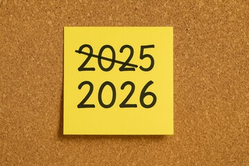 Transition from 2025 to 2026 on Sticky Note - New Year Concept
