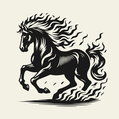 Black and white flat vector illustration of a galloping horse with a fiery mane and tail. Dynamic burning symbol for 2026 designs, logos and decorations.