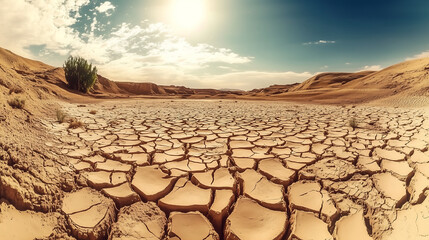 Cracked ground leads to a shrinking lake, clear sign of drought and water loss in summer