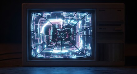 A retro computer monitor displays an abstract digital circuit design, glowing inside a cracked, broken screen. The scene is dark