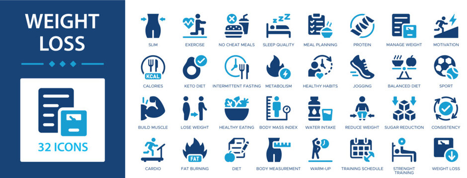 Weight loss flat icons collection. Slim, calories, diet, cardio, sport, manage weight, healthy eating, keto diet, exercise, metabolism, training schedule, protein sign set.