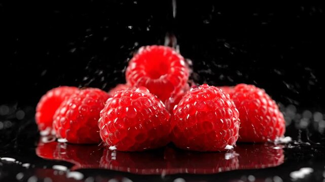 4K Video Ripe Red Raspberries with Water Droplets Splashing on a Dark Reflective Surface