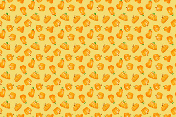 Autumn seamless pattern. Color background. Hand drawn watercolor ornament with pumpkins for wrapping paper, fabrics, design, decorations.