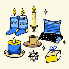 Cozy winter scene with candles, pillows, a cup of coffee, and a gift