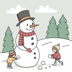 Happy kids playing with a snowman in a snowy winter landscape scene