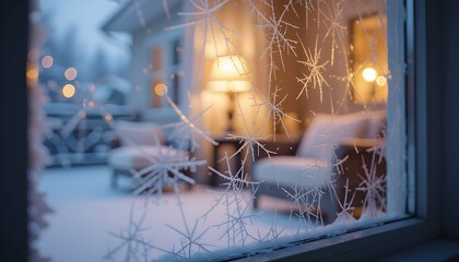 Cozy winter scene with snow crystals on window, warm light from inside inviting comfort and relaxation