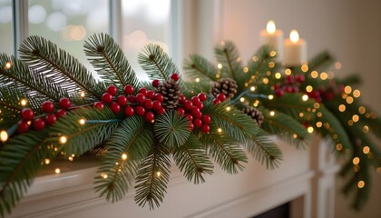 Elegant Christmas garland with pine branches, red berries and warm lights create a festive atmosphere