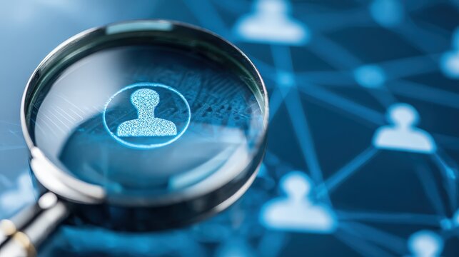A magnifying glass focuses on a digital representation of a person, highlighting themes of search, connections, and technology in a networked environment.