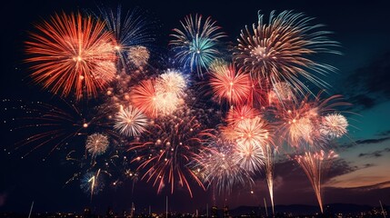 A vibrant display of colorful fireworks lighting up the night sky, creating a festive and celebratory atmosphere over a city skyline.