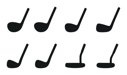 Set of eight golf club silhouettes on dark background