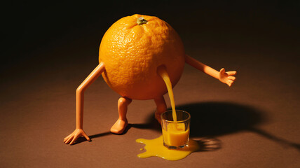 A funny orange character with limbs pouring juice into a small glass