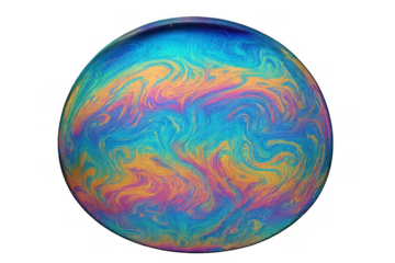Iridescent soap bubble sphere displaying vibrant swirling abstract colors and psychedelic patterns, transparent background