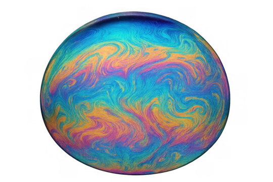 Iridescent soap bubble sphere displaying vibrant swirling abstract colors and psychedelic patterns, transparent background