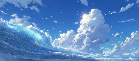 Massive ocean wave crashing under a dramatic sky filled with large, billowing white clouds