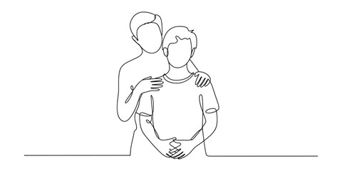 Minimalist continuous line drawing of two figures embracing in a simple sketch vector