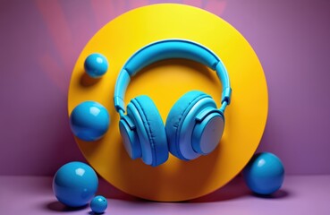Vibrant blue headphones rest on bold yellow circle in playful blue spheres. Dynamic lighting creates modern, energetic mood perfect for tech advertising music themes. Stylish composition audio