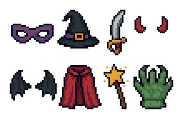 Pixel art halloween costume elements witch hat sword mask cloak