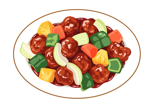 sweet and sour pork with vegetables on plate clip art preview