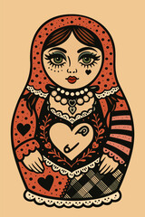 Matryoshka doll in vintage punk style. Vector isolated illustration