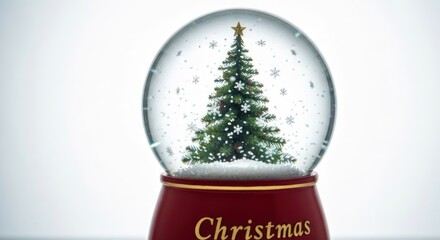 Snow globe with Christmas tree inside, atop a red base
