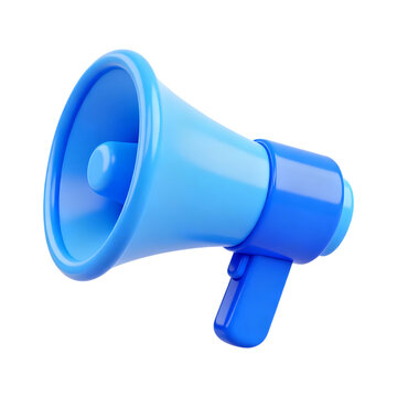 Bright blue 3d megaphone symbol announcing important news and public speaking isolated on transparent background