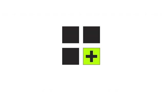 Four square grid with plus symbol shifting position between tiles 2D cartoon animation. Interaction, selection. Interactive geometric component animated flat colorful item 4K video isolated on white