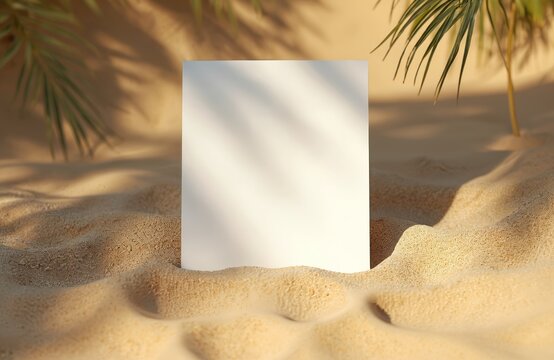 Blank white card on sandy beach with palm tree leaves shadow. Sand texture with ripples. Empty paper in sandy surface. Tropical summer scene with minimalist design. Card mockup for text logo display.