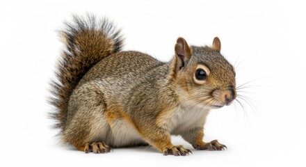 Fototapeta premium Squirrel with bushy tail, brown fur, staring against white backdrop