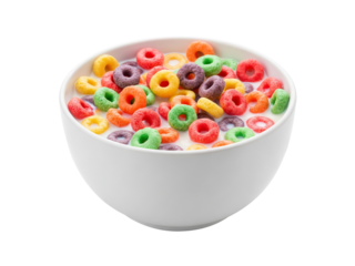 Colorful fruit cereal rings floating in milk bowl