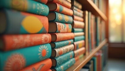 Stack of books with geometric patterns on shelf. Books in library or store. Education background. Reading and study. Knowledge gaining concept. Book spines arrangement with colors patterns forms.
