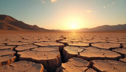 Cracked earth under hot sun shows drought. Barren land landscape and mountains under clear sky. Climate change impact on environment. Desert scene with dry cracked soil.