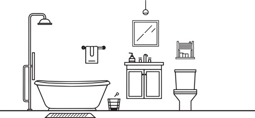 Black-and-white line drawing of a bathroom layout with shower, bathtub, sink, toilet, and mirror. Useful for interior design, planning, and architectural visuals