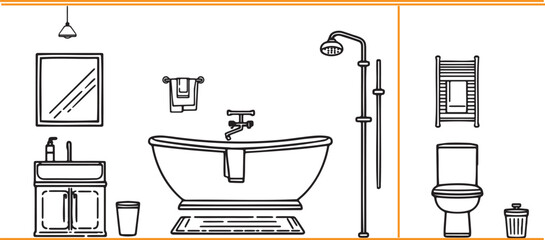 Black-and-white line drawing of a bathroom layout with shower, bathtub, sink, toilet, and mirror. Useful for interior design, planning, and architectural visuals