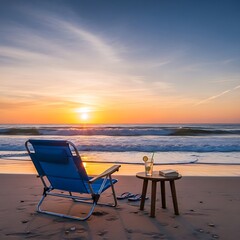 A seaside scene showcasing a colorful sunset, a beach chair, and a table with a drink and a book