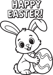 kids coloring pages, Adorable outlined bunny hugs the easter egg under happy easter text with transparent background