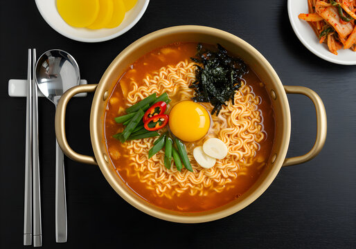 [Generative AI] 양은냄비에 담긴 계란 노른자가 올려진 얼큰한 한국식 라면과 반