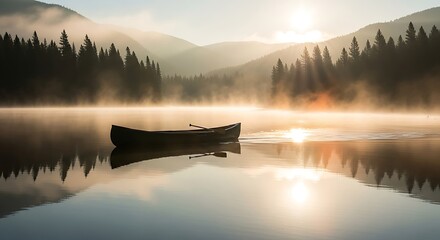 A serene morning scene featuring a lone canoe floating on a misty lake, with sunlit mountains and trees in the background