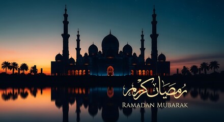A serene mosque silhouette is bathed in the soft glow of dusk, reflected in still water. Golden Arabic script graces the scene