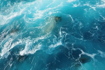 Fototapeta premium Aerial view of turquoise ocean waves creating a dynamic pattern, showcasing the beauty of water and its movement over submerged rocks.