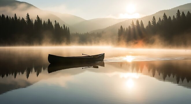 A serene morning scene featuring a lone canoe floating on a misty lake, with sunlit mountains and trees in the background - Powered by Adobe