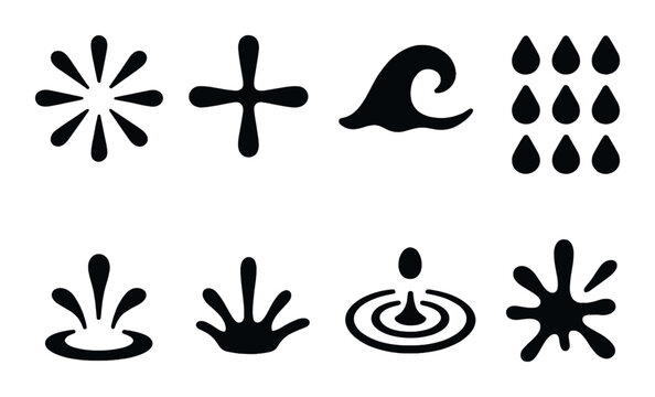 Abstract black and white symbols with water and nature themes on dark background