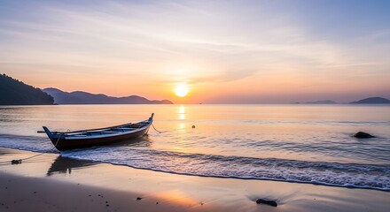 A serene sunrise over a calm ocean, with a small boat resting on the sandy beach. The sky is painted with vibrant hues