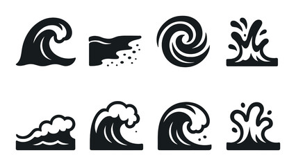 Set of eight stylized wave icons on black background