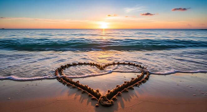 A serene seascape at sunset, with a heart drawn in the sand as gentle waves lap the shore, creating a romantic scene