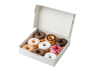 Dozen Assorted Donuts in Open White Box, High Angle
