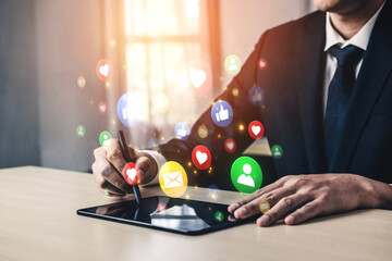 Concept of digital marketing and online communication. A network of user engagement is shown through social media feedback notifications which helps build a strong community. Fermion